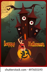 Greeting card Halloween. Night background with scary house with eyes, spider webs, spiders, bats, pumpkin and witch. Vector illustration.