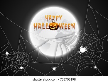 greeting card Halloween night spiders web with full moon background.Vector illustration.