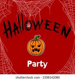 Greeting card with Halloween party lettering, pumpkin and cobweb, template on red background. Vector illustration