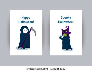 Greeting card for Halloween party. Halloween witch and the Grim Reaper. Vector illustration in flat style