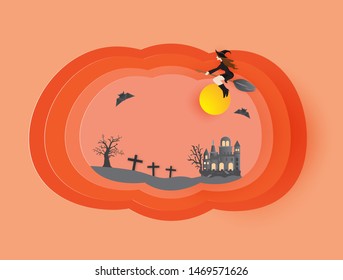 Greeting card for Halloween with pumpkin,witch,castle and graveyard,vector illustration paper art style.