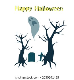 Greeting card for Halloween, scary trees and graves with crosses, vector illustration.