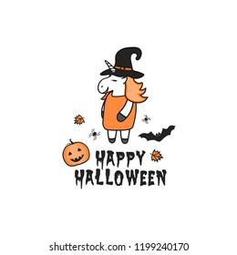 Greeting card Halloween. Halloween unicorn character vector graphic design. 