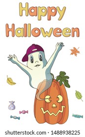 Greeting card for Halloween. Vector illustration. Cute cartoon ghost, pumpkin and candies. Isolated objects on white background. Decor element for kids products, T-shirts and postcards.