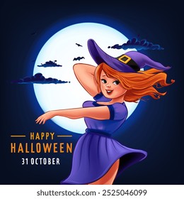 greeting card with halloween witch posing for invitation