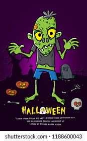 greeting card halloween with zombie cartoon vector, poster or banner design