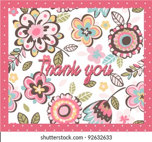 Greeting Card with hand draw cute floral on pink dot background