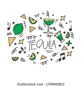 Greeting card, hand drawing. Happy birthday gift card, party invitation, black and green colors. Tequila, lime, Margarita cocktail, serpentine, nachos. Doodle style. Cocktail party 