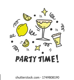 Greeting Card, Hand Drawing. Party Time. Happy Birthday Gift Card, Party Invitation, Black And Yellow Colors. Tequila, Lemon, Margarita Cocktail, Serpentine. Doodle Style. Cocktail Party 