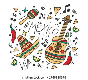 Greeting card, hand drawing. Party invitation. Nachos, guitar, chili pepper, sombrero, maracas, travel, lime, culture, music, serpentine. Doodle style. Mexico party, Cinco de mayo  