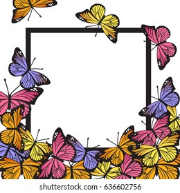 Greeting card with hand drawn butterflies and black simple frame on white background. Vector illustration for Happy Birthday, Mother's day, wedding or Hello Summer design .