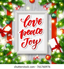  greeting card. Hand drawn calligraphy. concept handwritten Love Peace Joy