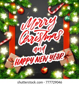  greeting card with Hand drawn calligraphy. concept handwritten merry christmas and happy new year