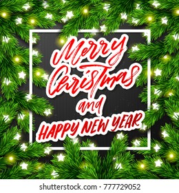  greeting card with Hand drawn calligraphy. concept handwritten merry christmas and happy new year