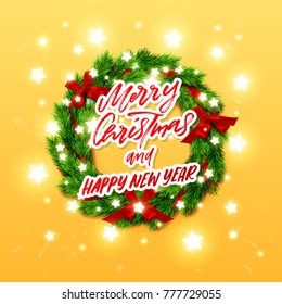  greeting card with Hand drawn calligraphy. concept handwritten merry christmas and happy new year
