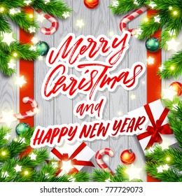  greeting card with Hand drawn calligraphy. concept handwritten merry christmas and happy new year