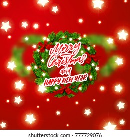  greeting card with Hand drawn calligraphy. concept handwritten merry christmas and happy new year