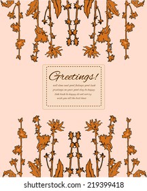 Greeting card with hand drawn chicory flowers and leaves in beige and orange colors with sample text. Vector illustration.