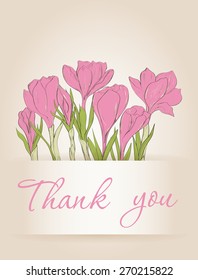 Greeting card with hand drawn crocus.  Use for Thank you cards, Greeting cards, Wedding invitations, announcement cards. Vector illustration.