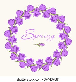 Greeting card with hand drawn crocus spring flowers wreath. Vector illustration.