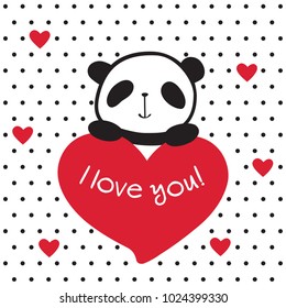 Greeting card with hand drawn cute panda and hearts for Valentine's Day, Mother's Day, Father's Day, birthday, wedding. Vector.