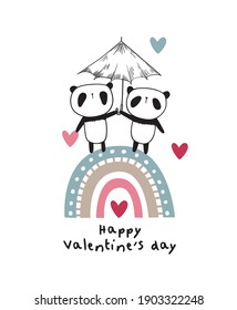 Greeting card with hand drawn cute pandas, rainbow and hearts for Valentine's Day. Vector.