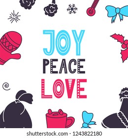 Greeting card with hand drawn elements. Christmas quote in Scandinavian style. Vector illustration.