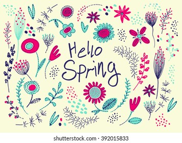 Greeting card with hand drawn flowers and the words Hello Spring