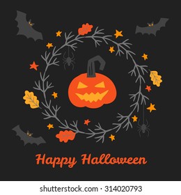 Greeting card with hand drawn Halloween wreath, oak leaves, pumpkin lantern, bats and stars. Perfect for holiday greetings, Halloween invitations, party decoration