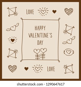 Greeting card with hand drawn hearts and elements for Valentine's Day. Vector.