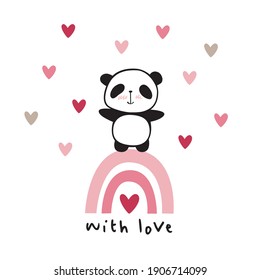 Greeting card with hand drawn little cute panda, rainbow and pink hearts for Valentine's Day, birthday, Mother's Day, wedding. Vector illustration.