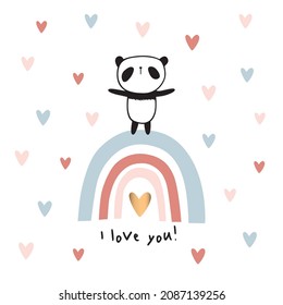 Greeting card with hand drawn little cute panda, rainbow and hearts for Valentine's Day, birthday, Mother's Day, wedding. Vector illustration.