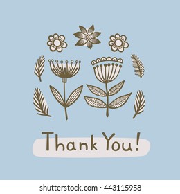 Greeting card with hand drawn plants. Card "Thank you". Vector illustration.
