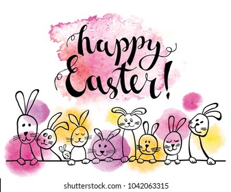 Greeting card with hand drawn rabbits. Easter bunny with colorful watercolor dots and calligraphy. Vector illustration