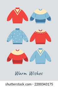 Greeting card with hand drawn sweaters. Template for postcard, poster, banner, invitation and greeting card. Vector illustration