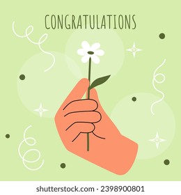 Greeting card with a hand holding a flower. Vector illustration on a green background. Suitable for banners, postcard printing. Gift concept, Birthday, Christmas, New Year, holidays. 