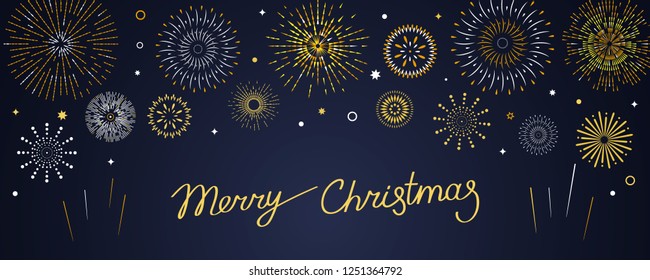 greeting card with hand lettering congratulations new year christmas holidays. night fireworks. flat vector illustration isolated on dark background