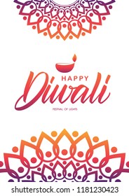 Greeting card with hand lettering of Happy Diwali, Indian ornament and lamp on white background
