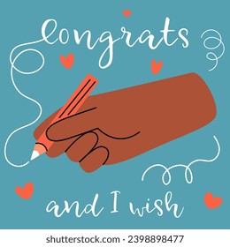 Greeting card with hand writing text. Vector illustration on a blue background. Suitable for banners, postcard printing. Gift concept, Birthday, Christmas, New Year,  Valentine's Day,  holidays.