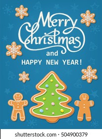Greeting card with hand written calligraphic text Merry Christmas and Happy New Year with gingerbread shapes, isolated on blue background.