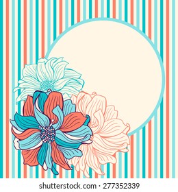 Greeting card with hand-drawn Dahlia flowers. Mint (turquoise) and coral colors.  Striped background. Blank space for your text - in round frame. Vector illustration.