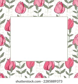 Una tarjeta de saludo. Patrón de tulipanes y follaje verde dibujado a mano. Un lugar para textos y presentaciones. Plantilla para un afiche, tarjeta de saludo, invitación o postal.