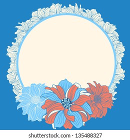 Greeting card with hand-drawn flowers of dahlia, in pink and blue colors