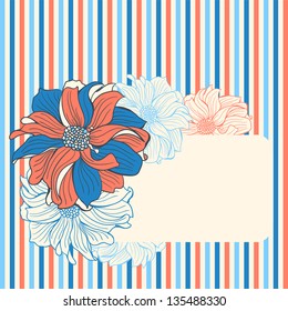Greeting card with hand-drawn flowers of dahlia, in pink and blue colors
