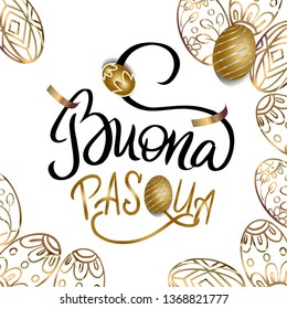 Greeting card with handdrawn lettering. Modern ink calligraphy. Happy Easter in italian. Handwritten phrase on decorative Egg frame background. Vector element for decoration and poster - Vector