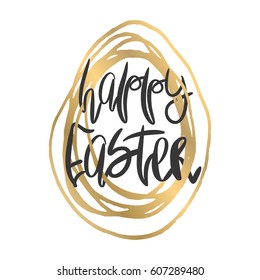 Greeting card with handdrawn lettering. Modern ink calligraphy. Happy Easter handwritten phrase on decorative Egg frame background. Vector element for decoration and poster