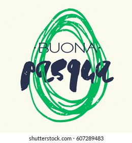 Greeting card with handdrawn lettering. Modern ink calligraphy. Happy Easter in italian. Handwritten phrase on decorative Egg frame background. Vector element for decoration and poster