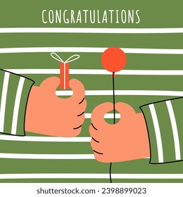 Greeting card with hands holding a balloon and a gift. Vector illustration on a green striped background. Suitable for banners, postcard printing. Gift concept, Birthday, Christmas, New Year, holidays