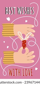 Greeting card with hands holding gift and text. Vector illustration on a pink background. Suitable for banners, postcard printing. Gift concept, Valentine's Day, Christmas, New Year, holidays, birthd