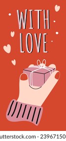 Greeting card with hands holding gift and text. Vector illustration on a red background. Suitable for banners, postcard printing. Gift concept, Valentine's Day, Christmas, New Year, holidays, birthday